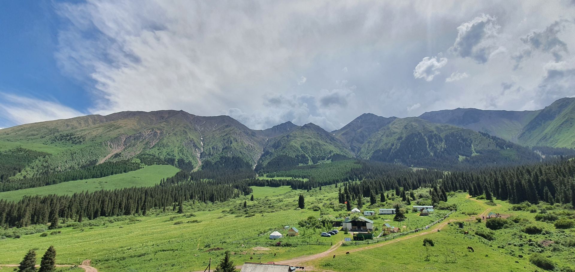 Green alpine valley with forest and scattered buildings beneath mountains (partner-supplied Kyrgyzstan photo)