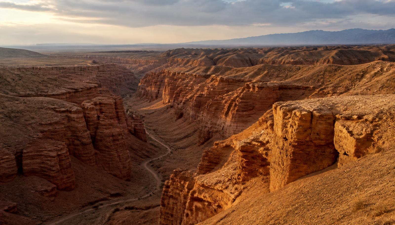Red rock formations of Charyn Canyon in Kazakhstan at golden hour