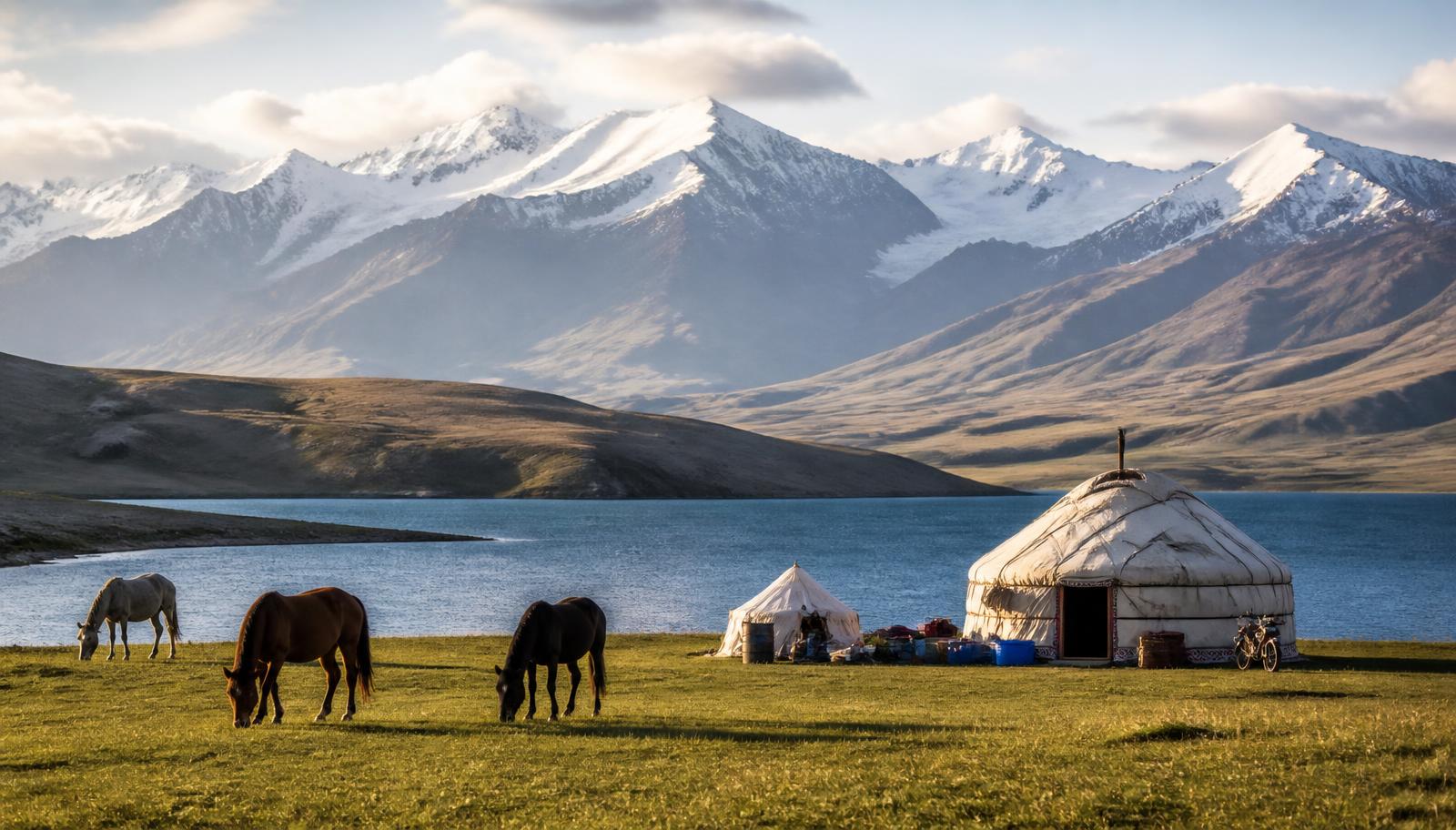 Yurt camp beside an alpine lake with grazing horses and snow peaks in Kyrgyzstan
