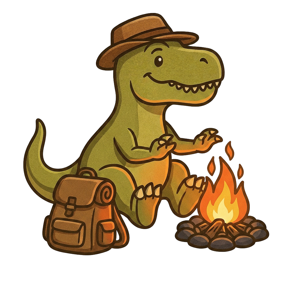 TREKS T. rex mascot — Around the campfire