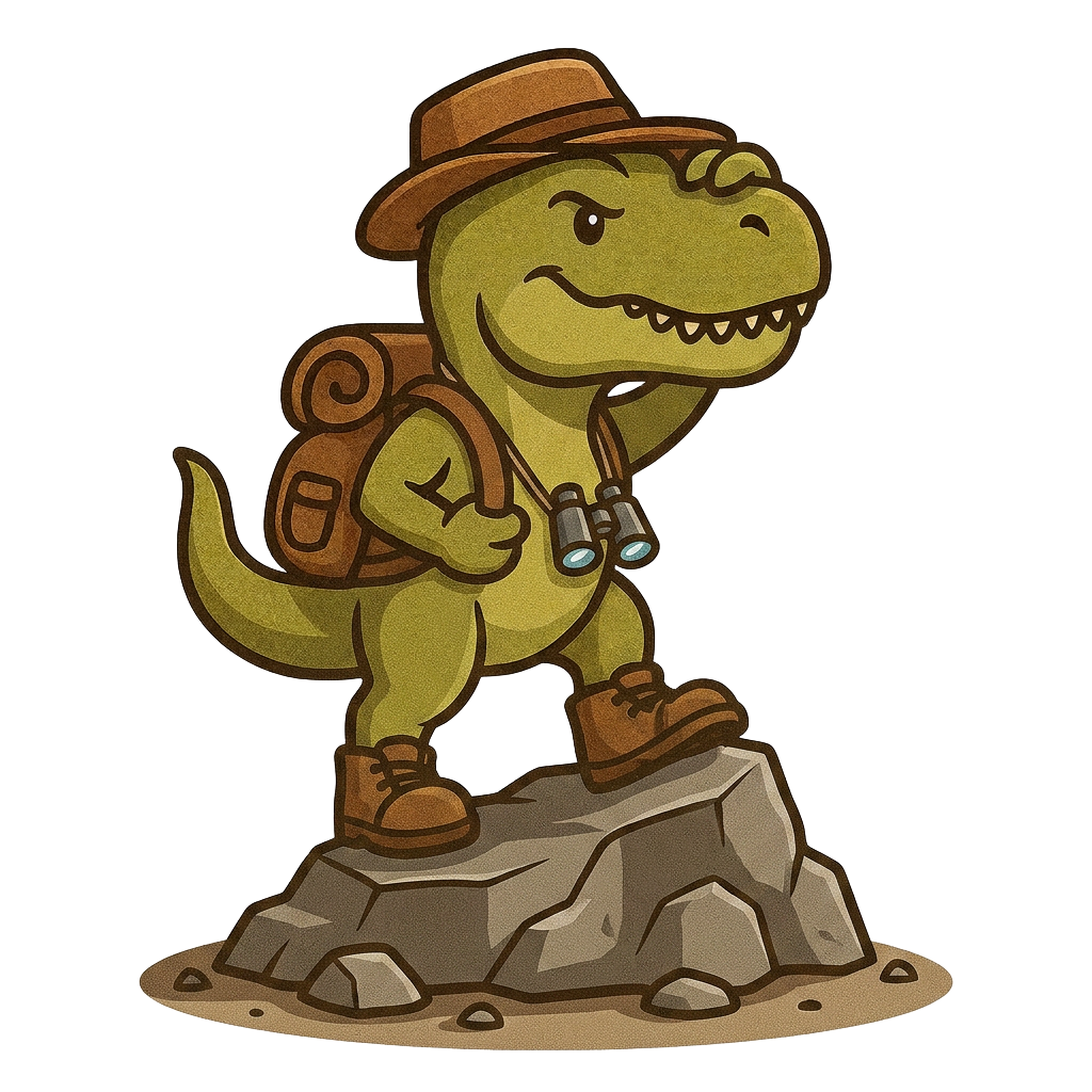 TREKS T. rex mascot on a rocky outcrop scanning the open Kazakh steppe and mountains