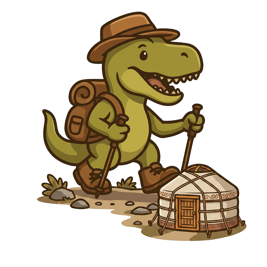 TREKS T. rex mascot trekking past a traditional yurt in a Kyrgyz mountain valley