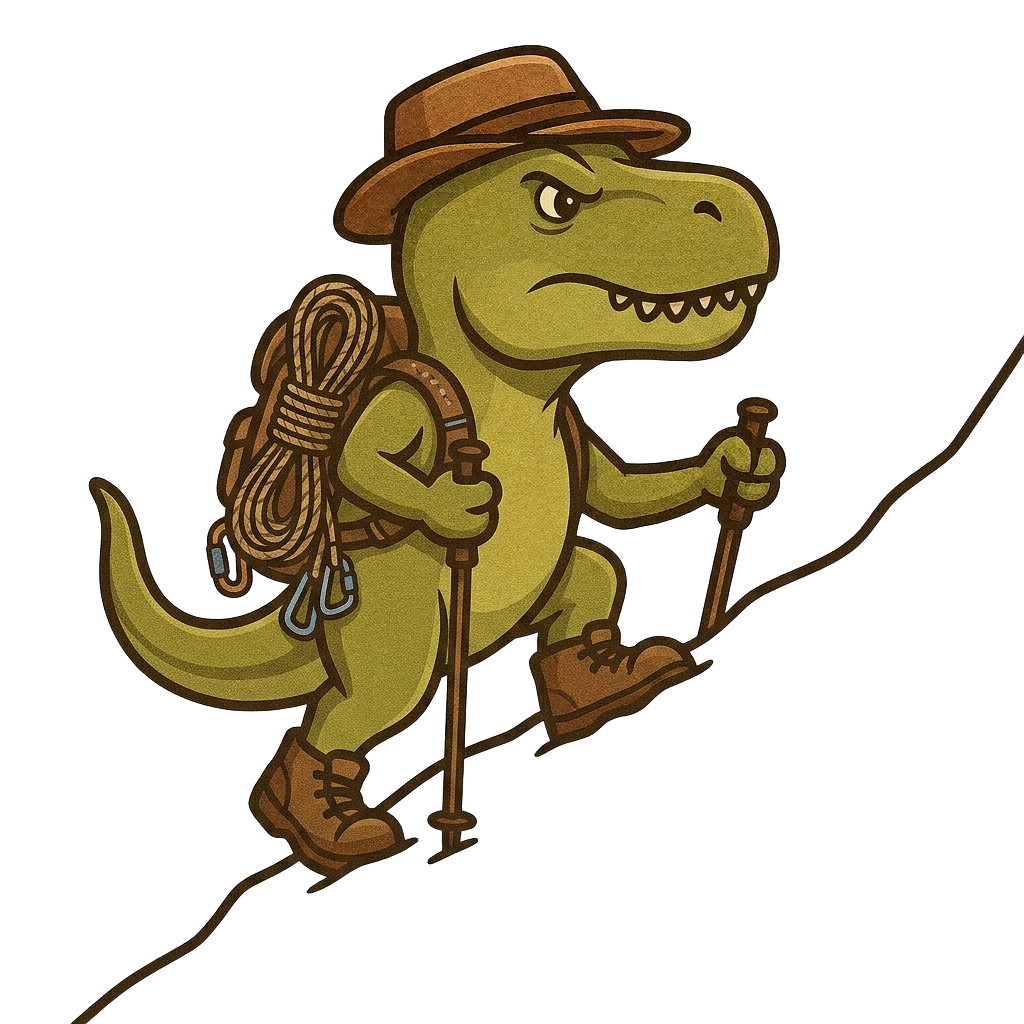 TREKS T. rex mascot climbing a high-altitude ridge in the Pamirs