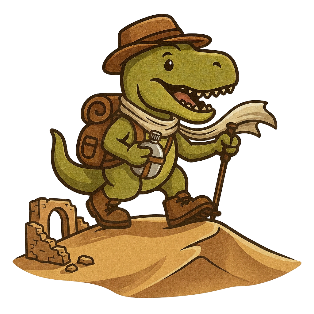TREKS T. rex mascot crossing a desert dune beside Silk Road ruins in Turkmenistan