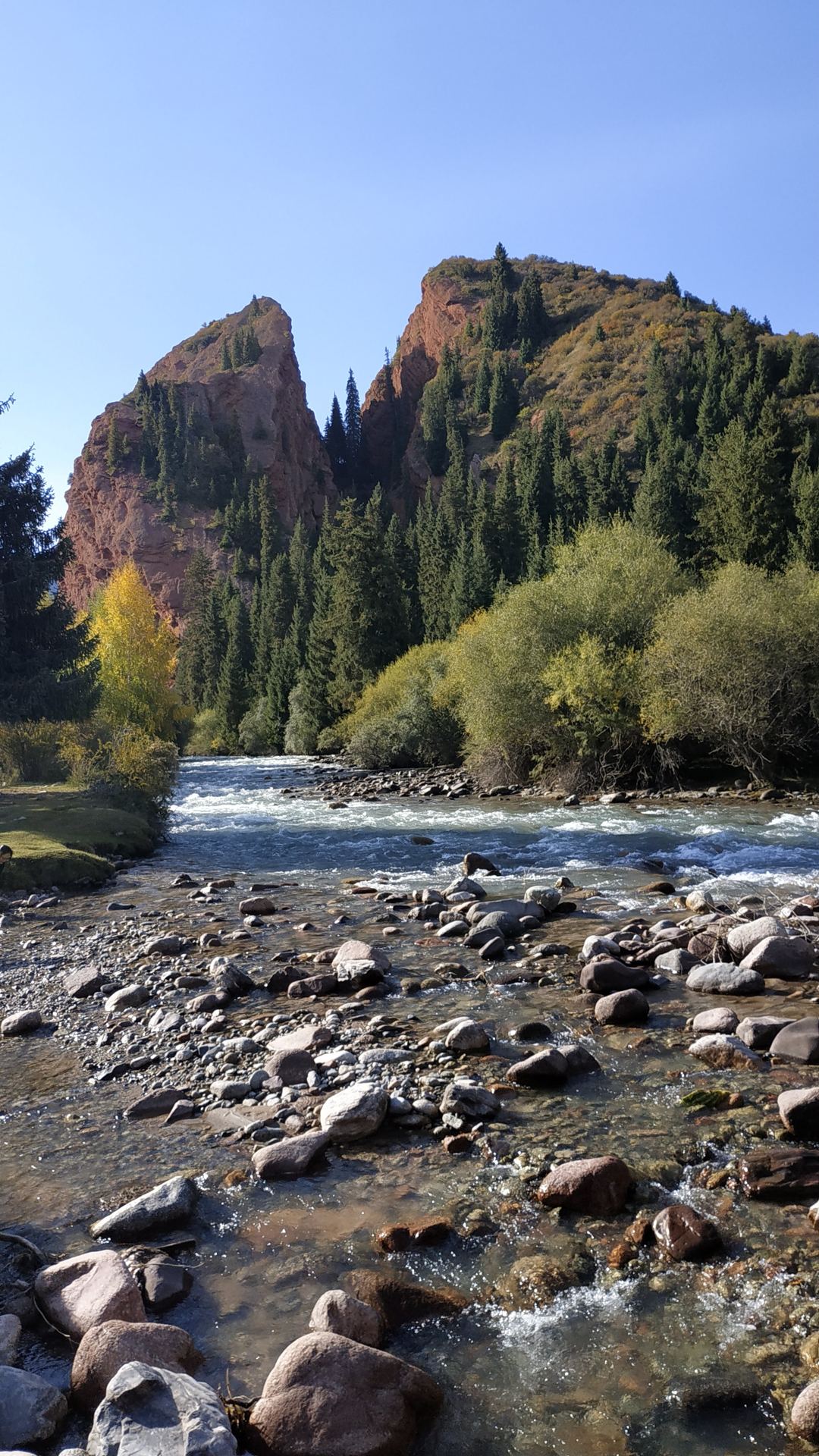 Rocky river flowing below tall rock pinnacles and trees (partner-supplied Kyrgyzstan photo)